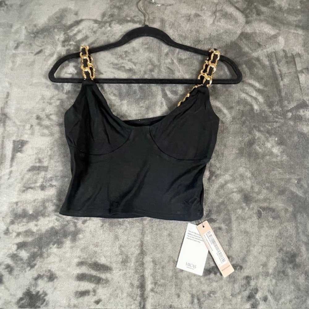 Micas Black Bustier Crop Top Gold Chain Straps Size M NWT MCWTT2505130083-BLACK